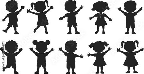Black Silhouettes of Ten Diverse Young Children, Including Boys and Girls, Standing and Playing Happily with Their Arms Raised in a Celebration or Joyful Pose