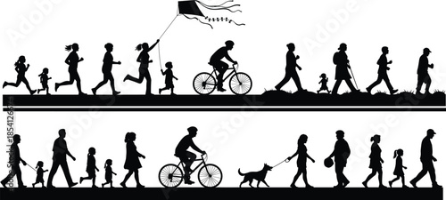 Black silhouettes of people running cycling and walking with children and pets in park, active family lifestyle and outdoor recreation vector illustration