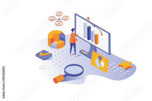 Big data analysis 3d isometric concept with isometry people design for web. Analyst working with business statistics, doing market research with graphs, monitoring statistics. Vector illustration.