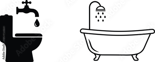 Black and white bathroom plumbing icons set featuring a toilet, water faucet with droplet, and a bathtub with a running shower head.