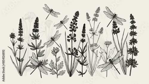 Black and White Illustration of Dragonflies and Wildflowers.