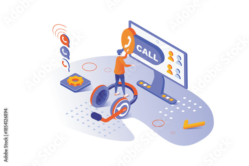 Call center 3d isometric concept with isometry people design for web. Hotline operators in office. Operator answering calling and client messages, assistance and technical help. Vector illustration.