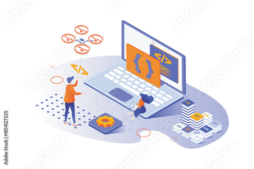 Programming company 3d isometric concept with isometry people design for web. Coders team developing new it project, creating software at laptop, coding and testing application. Vector illustration.