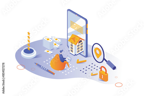 Real estate 3d isometric concept with isometry people design for web. Man searching new home in mobile app, choosing building skyscrapers and residential houses for rental. Vector illustration.