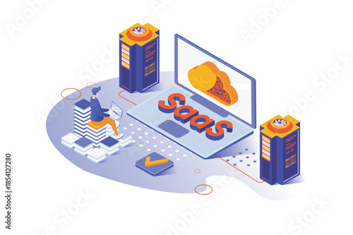 SaaS 3d isometric concept with isometry people design for web. Users subscribe to software as a service, using cloud computing and storage service, purchasing digital licenses. Vector illustration.