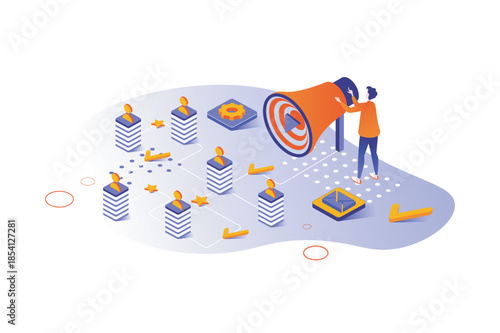 Referral marketing 3d isometric concept with isometry people design for web. Man sharing business info in social media, loyal customers refer a friends, announcing and inviting. Vector illustration.