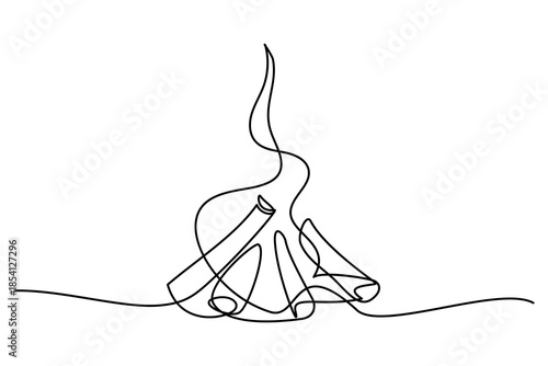 Bonfire in continuous line art drawing style. Campfire black linear design isolated on white background. Vector illustration