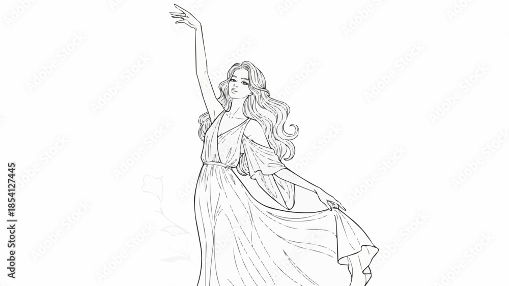 Fototapeta premium Woman Dancing in Flowing Dress Illustration.