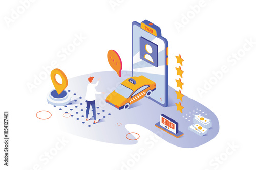 Taxi service 3d isometric concept with isometry people design for web. Passenger choosing and booking online automobile transportation or city transfer and using mobile app. Vector illustration.