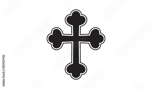 Decorative Christian religious cross icon silhouette, spiritual faith symbol isolated on white background.