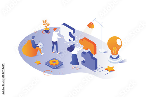 Teamwork 3d isometric concept with isometry people design for web. Businessman and businesswoman working together at meeting, creating union partnership with synergy and support. Vector illustration.