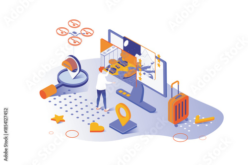 Travel agency 3d isometric concept with isometry people design for web. Client choosing vacation tours, getting help and consultation from tour operator for tickets booking. Vector illustration.