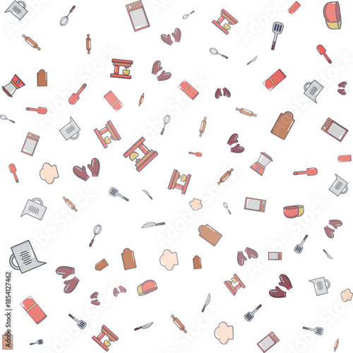 Hand-Drawn Kitchen Essentials Seamless Pattern; Culinary Tools and Utensils Illustration Background for Cooking Blogs, Restaurant Menus, and Home Decor Fabric Design