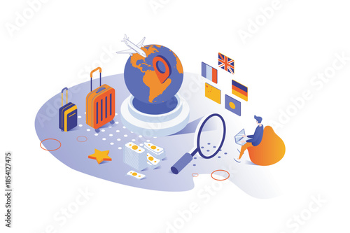 Travel vacation 3d isometric concept with isometry people design for web. Man planning world tour with flights, creating global journey with airplane navigation and reservation. Vector illustration.