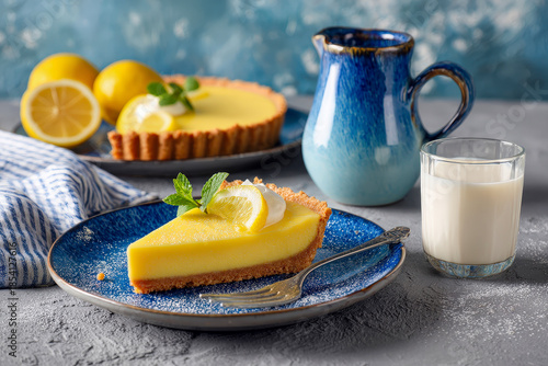 Slice of lemon tart with creamy filling on blue plate, fresh citrus dessert with mint garnish, rustic table setting, homemade pastry concept