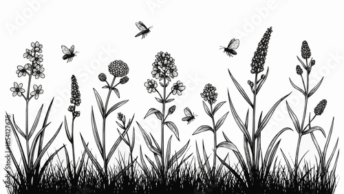 Wildflowers and Bees in Black and White.