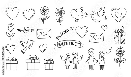 Cute Valentine’s Day doodle outline icon set with hearts flowers and love symbols