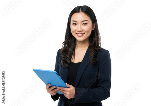 Smiling asian businesswoman holding a blue tablet isolated on transparent background