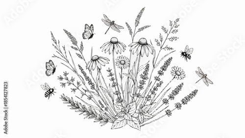 Hand Drawn Illustration of Wildflowers and Insects.