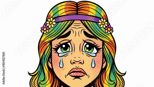 Crying Girl with Rainbow Hair Illustration.