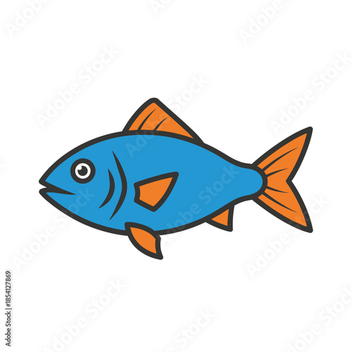 A simple cartoon illustration of a blue fish with orange fins.