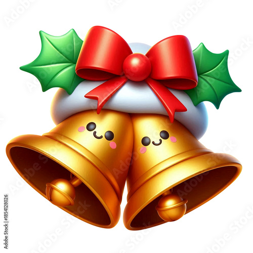 A pair of golden bells, smiling sweetly, adorned with red bows and holly leaves, bright and cheerful for Christmas