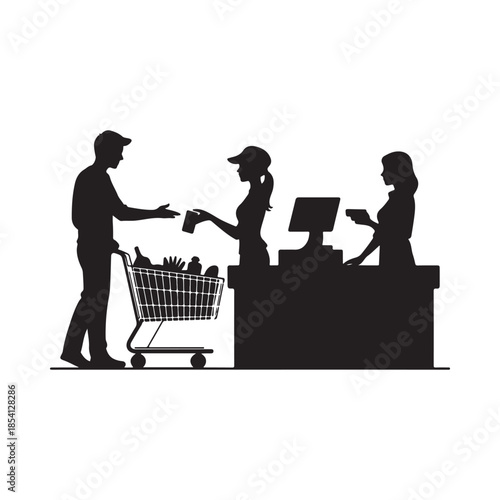 Silhouettes of people at a supermarket checkout counter shopping and paying