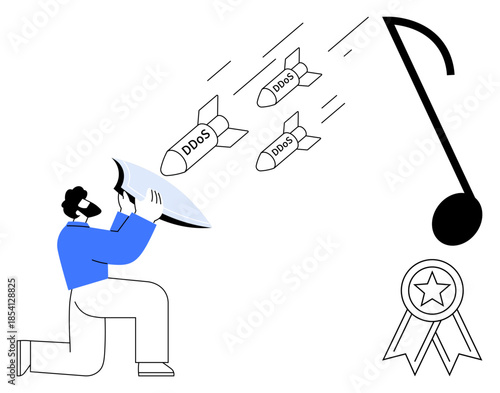 Cybersecurity, internet safety, data protection, DDOS attacks prevention, technology defense, online threats. A person holding a shield against incoming DDOS bombs. Cybersecurity and internet safety