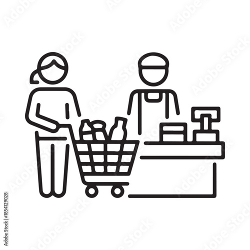 Checkout process at a grocery store with a customer and cashier