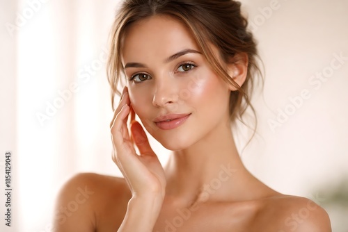 Wallpaper Mural Beauty portrait of young brunette woman touching fresh clean face with healthy skin looking at camera on white background Torontodigital.ca