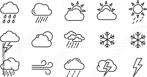 Clean outline weather icons bundle for web design featuring sunny rainy cloudy and snowy conditions with thermometer elements