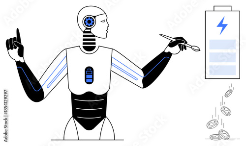 Future technology, energy management, economic impact, robotics, AI innovation, automation. Robot with battery icon and coins. Future technology and energy management concept