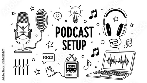 A black and white illustration depicting a podcast setup with various equipment like a microphone, headphones, laptop, and audio mixer.