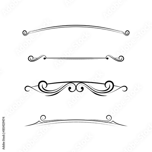 Four elegant black decorative dividers with swirls and flourishes, perfect for design elements and page separation.