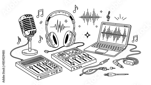 Illustration of audio equipment including microphone, headphones, mixer, and laptop for music production.