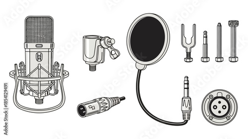 Illustration of a microphone and its accessories, including a pop filter and connectors.
