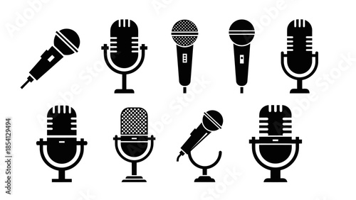 A collection of black silhouette icons representing various types of microphones on a white background.