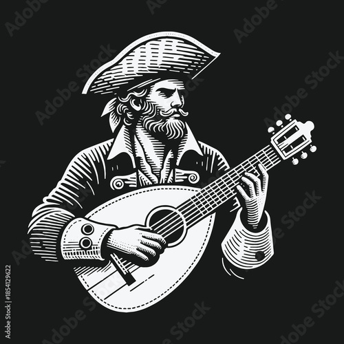 Bearded pirate in a tricorn hat playing a mandolin illustration.