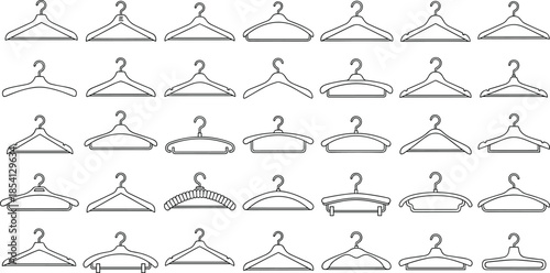 Collection, of, clothes, hanger, line, art, icons, wardrobe, storage, hook, silhouettes, fashion, laundry, accessories, set, isolated, on, white, background, vector.