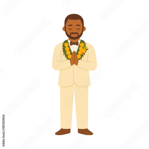 African American Groom in Beige Suit with Flower Lei Namaste Pose Wedding Illustration