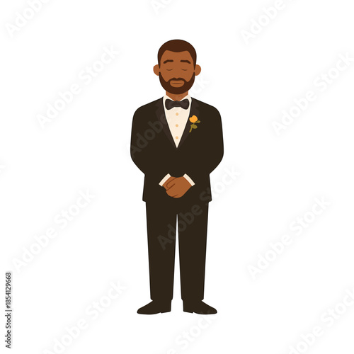 African American Groom in Black Tuxedo with Boutonniere Wedding Illustration