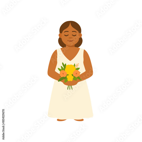Bridesmaid in White Dress Holding Flower Bouquet Wedding Illustration