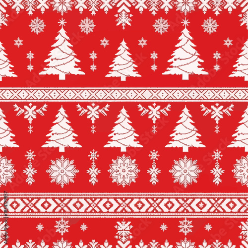 Christmas knit print. Seamless pattern. Set Red knitted sweater textures. Fair isle traditional geometric background. Holiday winter ornament. Festive crochet. Wool pullover frame. Vector illustration
