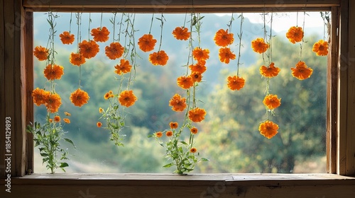 Bright orange marigolds strung across window .