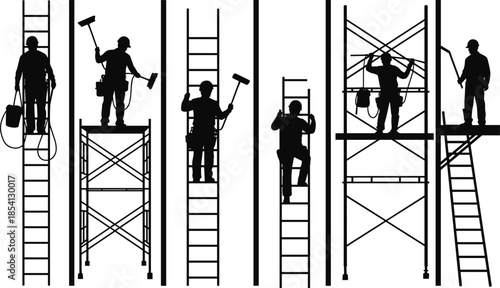 Silhouette set of construction workers, painters, and builders using ladders and scaffolding for industrial maintenance, renovation, and professional building services.