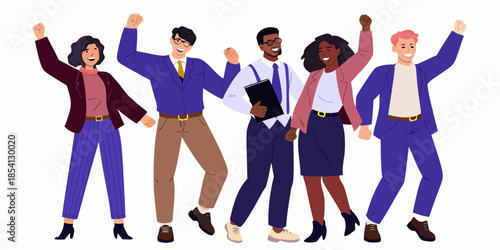 Diverse team celebrating success with arms raised in a joyful moment