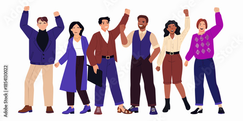 A diverse group of people raising their arms in a celebratory gesture