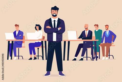 A confident leader stands before a diverse team in a business meeting