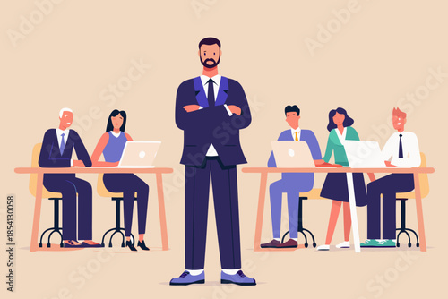 A confident leader stands before a team working at a conference table