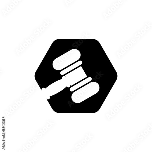 Black hexagonal icon with a white gavel, symbolizing justice, law, and auctions.